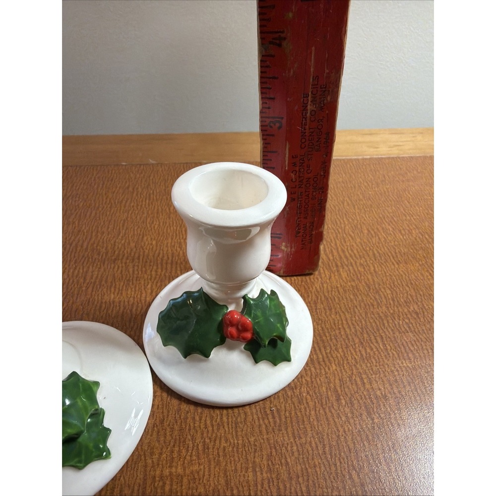 Lillian Vernon Christmas Candle Stick Holder set 2 White Ceramic w Holly Vintage - Picture 6 of 7